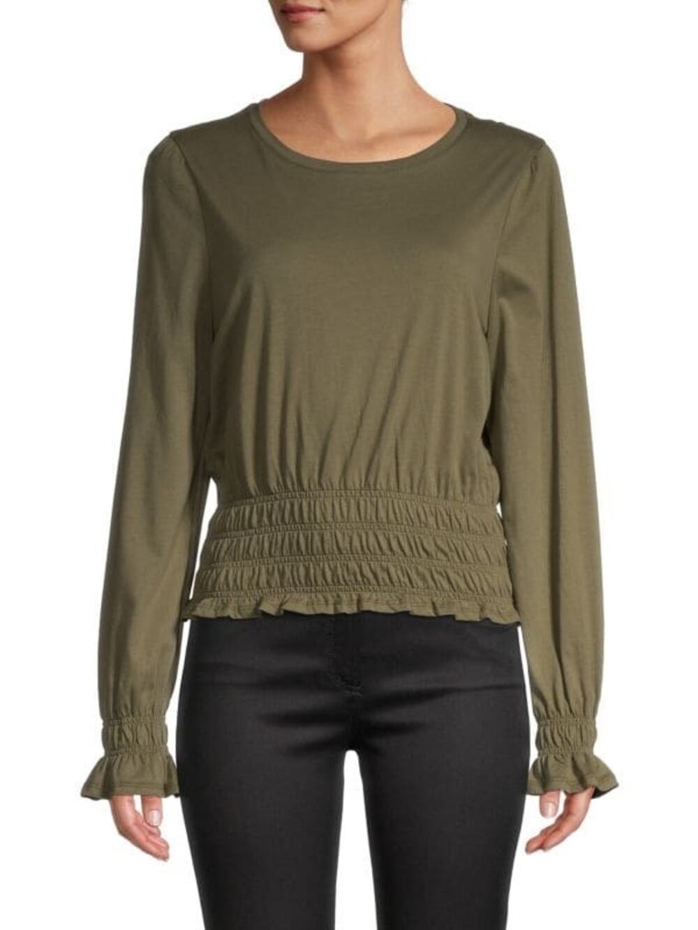 Lea & Viola Womens Cropped Smocked Long Sleeve Top Olive Green Size M.